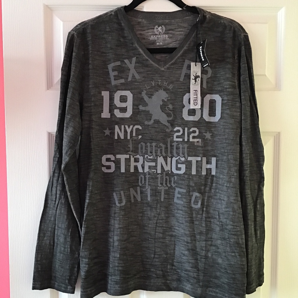 EXPRESS Fitted long sleeve V-neck shirt, Dark grey, size M.